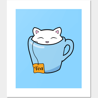 Cat in a blue cup of tea Posters and Art